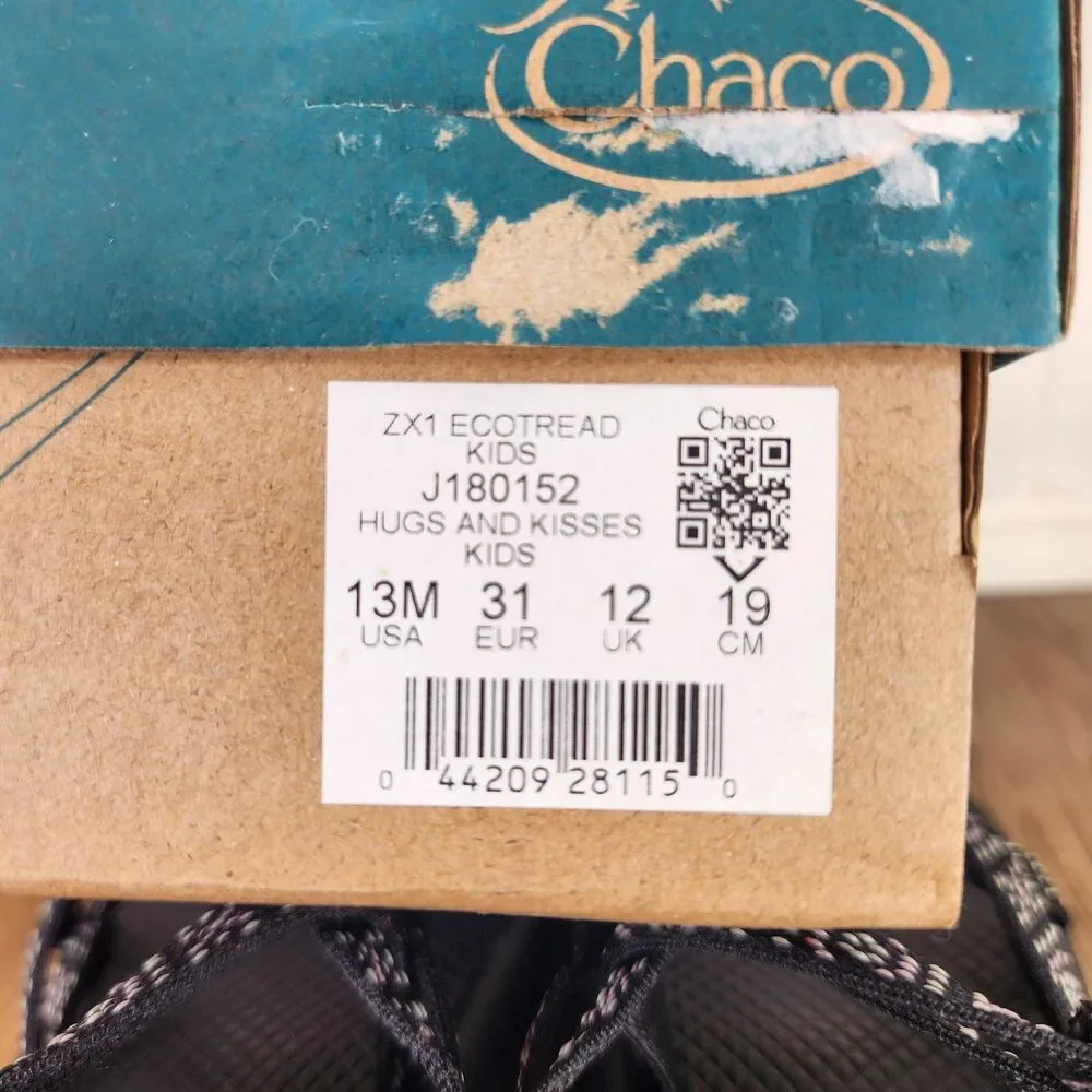 Chaco ZX1 Ecotread Hugs and Kisses Kid 13M Black Pink Strappy Adjustable Sandals